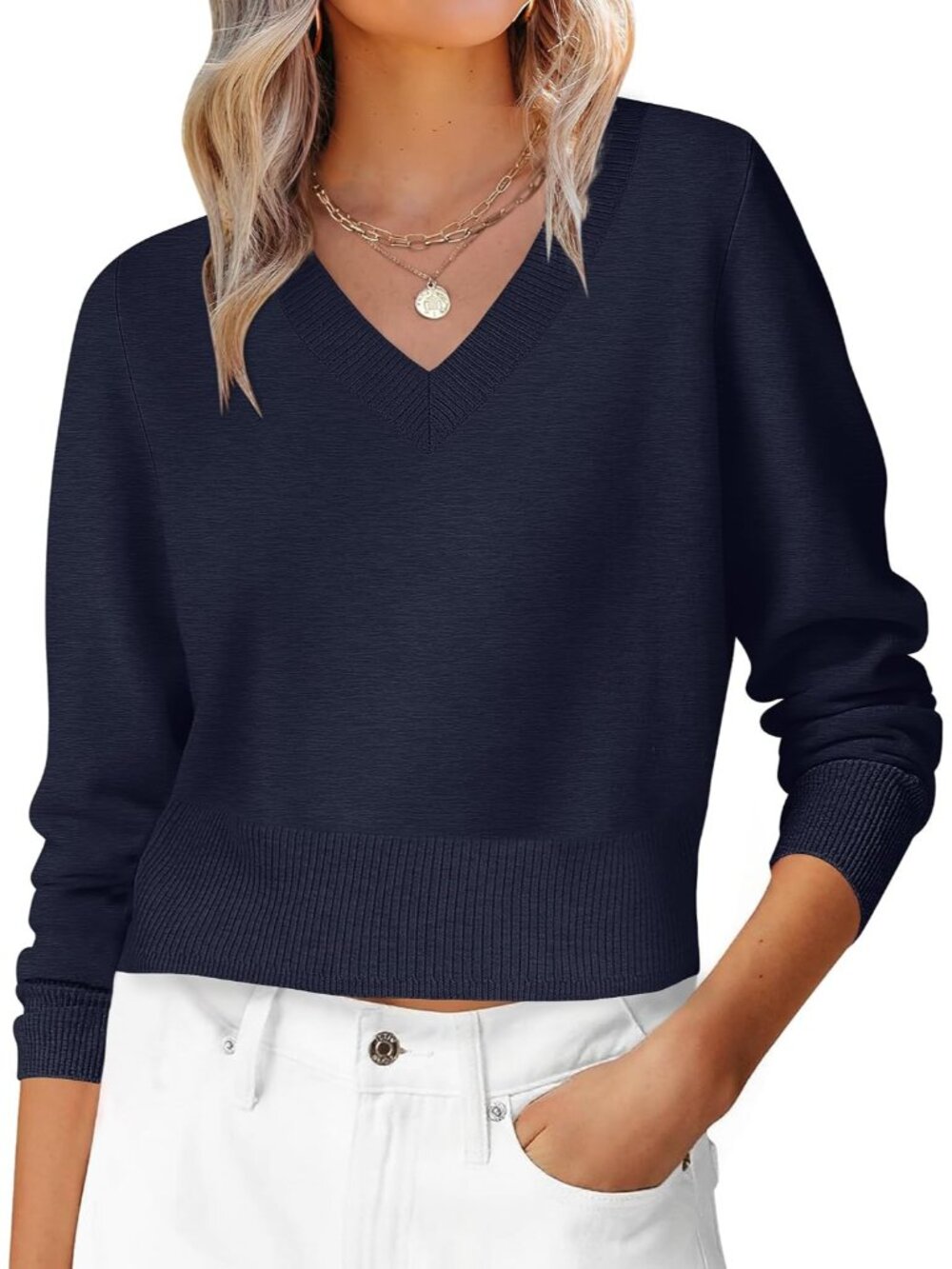 Women's Navy Blue Cropped V Neck Long Sleeve Casual Pullover Outfits Sweaters